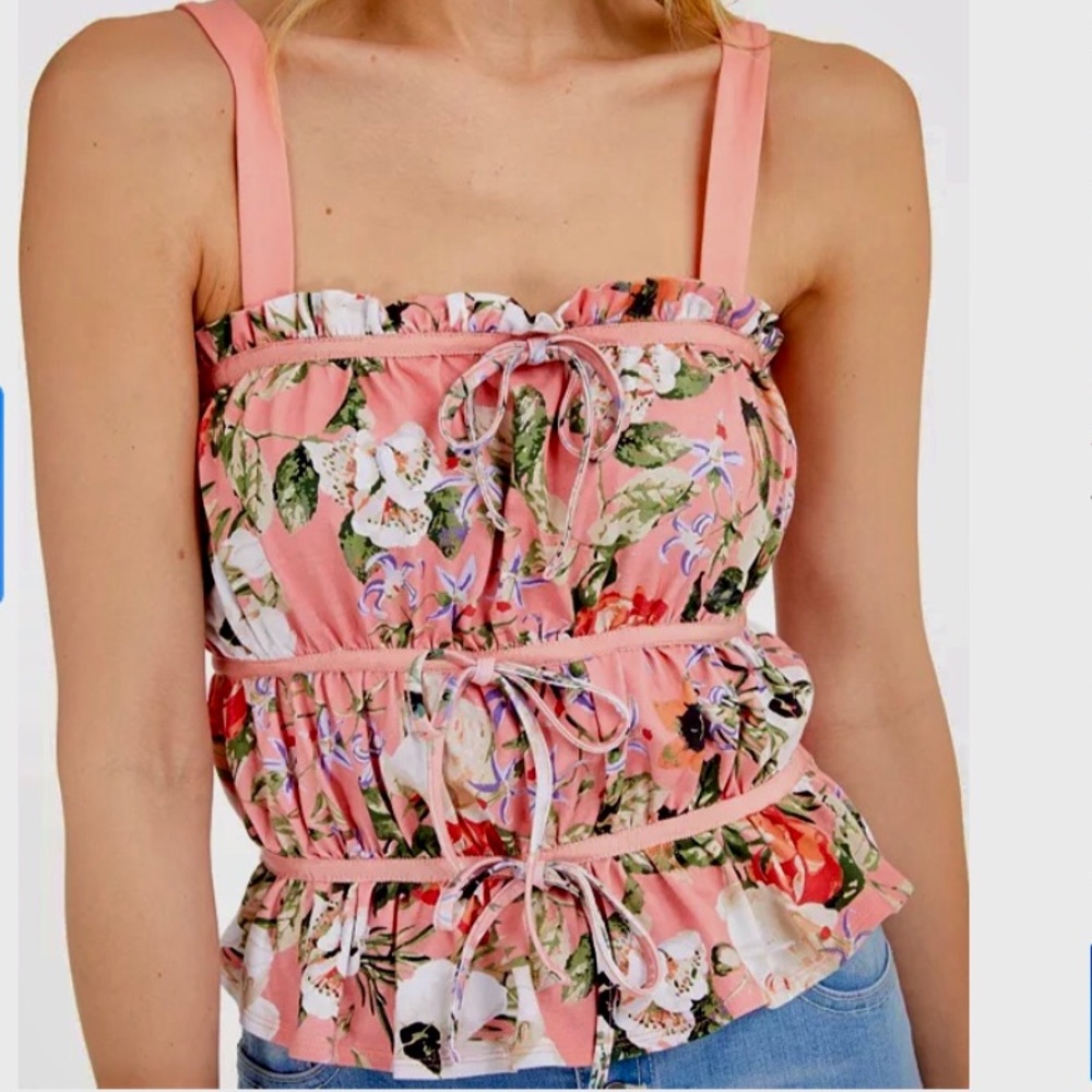 INC FLORAL RUCHED TIE TANK TOP